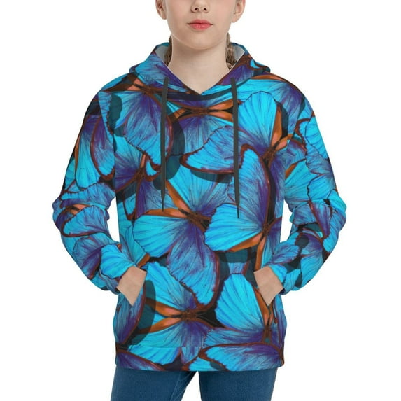 Vsdgher Blue Butterflies Hoodie Youth Classic Hooded Pullover Sweatshirts Essentials Hoodie for Children (s-xl)-Small