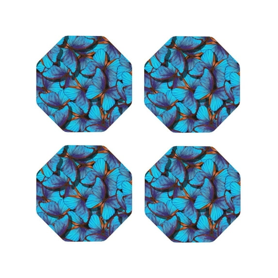 Vsdgher Blue Butterflies Leather Coasters for Drinks, Durable Drink Coasters 4 Set for Tabletop Protection, Luxurious Home Décor and Housewarming Gift-Octagon