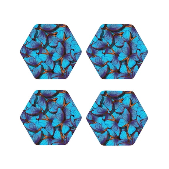 Vsdgher Blue Butterflies Leather Coasters for Drinks, Durable Drink Coasters 4 Set for Tabletop Protection, Luxurious Home Décor and Housewarming Gift-Hexagon