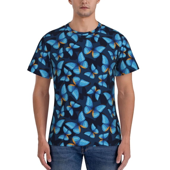 Vsdgher Blue Butterfly Print Men's Dry Fit Mesh Athletic Shirts Moisture Wicking Tennis T-Shirt Tops