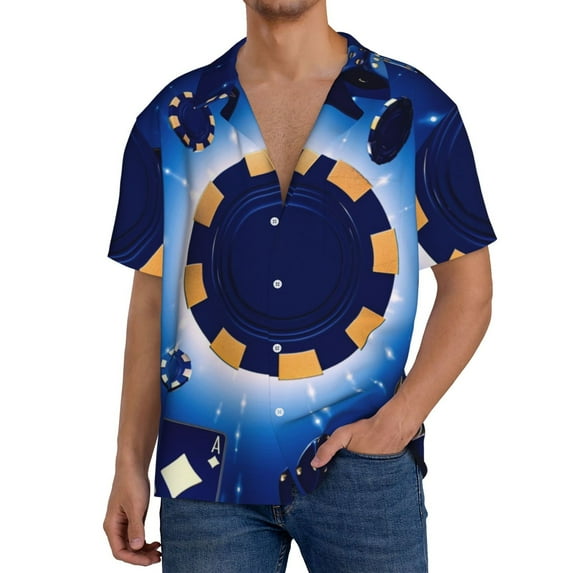 Vsdgher Blue Casino Men's Cuban Shirt, Hawaiian Shirts, Business Casual Button Down Shirts, Short Sleeve Shirt-3X-Large