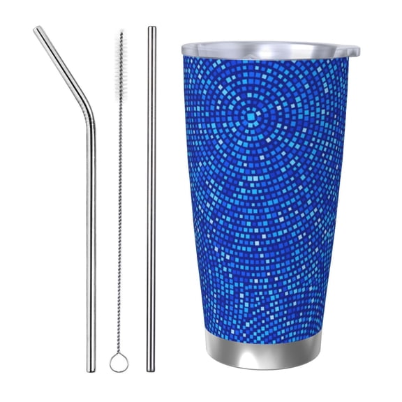 Vsdgher Blue Circles Mosaic 20 Oz Stainless Steel Vacuum Insulated, Travel Mug Coffee Cup for Home, Office, Outdoor Works Great for Ice Drinks and Hot Beverage -Straw Three-piece Set