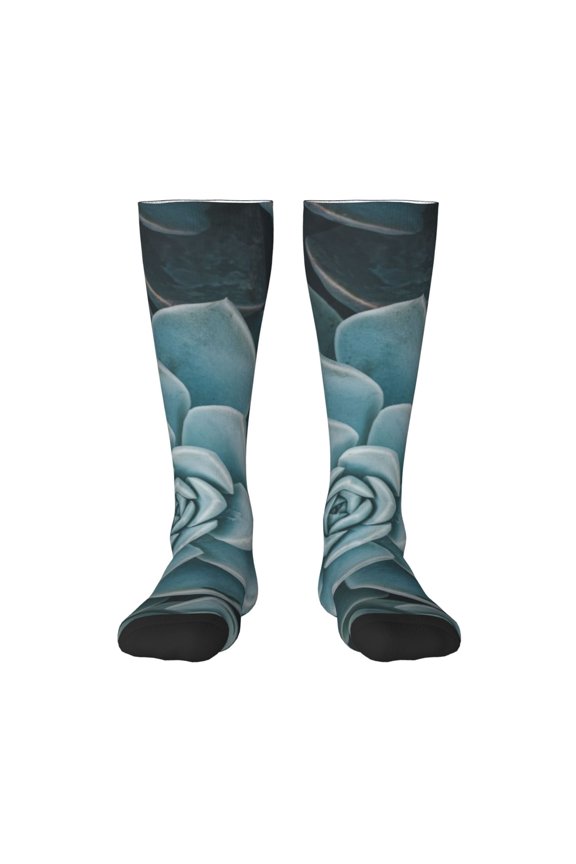 Blue Color Cactus Knee Socks, High Socks Long Stretchy Sock Women Knee High Stocking, Long Socks for Women