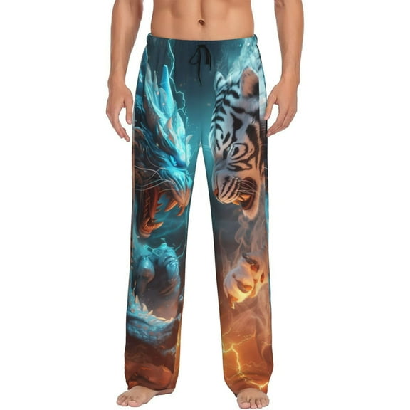Vsdgher Blue Dragon And White Tiger Print Mens Pajama Pants Sleep & Lounge Pants, PJ Bottoms With elastic waistb and Pockets
