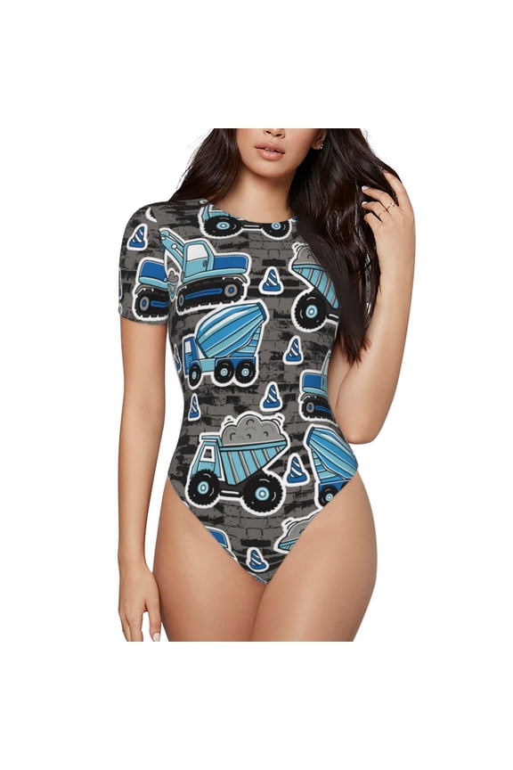 Blue Excavator Prinr Short Sleeve Body suit for Womens, Sexy Onesie One Piece Round Neck Bodysuit Shapewear Tummy Control-Large