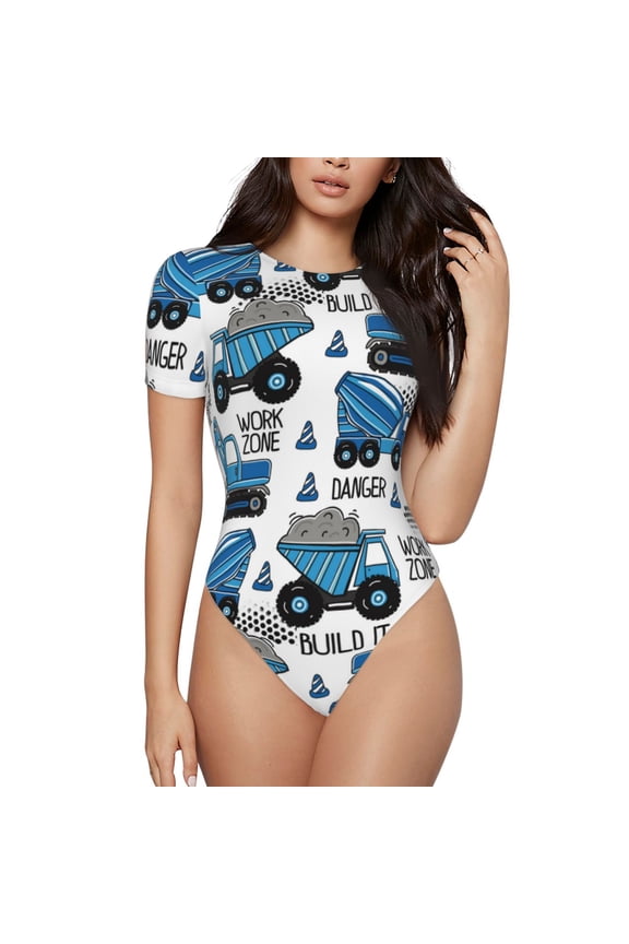 Blue Excavator Prinr Short Sleeve Body suit for Womens, Sexy Onesie One Piece Round Neck Bodysuit Shapewear Tummy Control-Medium