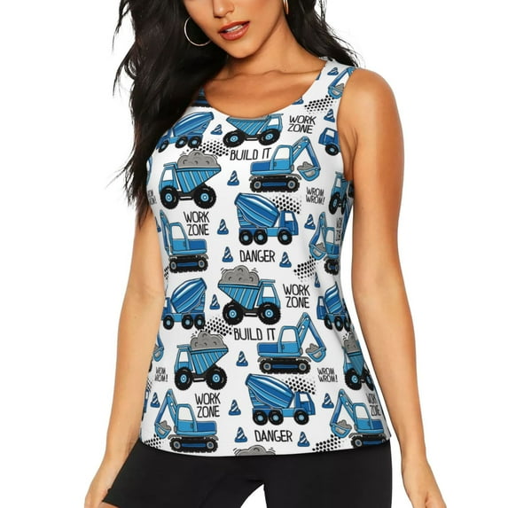 Vsdgher Blue Excavator Print Tank Top Sports Vest Bra for Women Sports ,Performance Stretchy Quick Dry Sports Workout Running Top Vest with Removable Pads