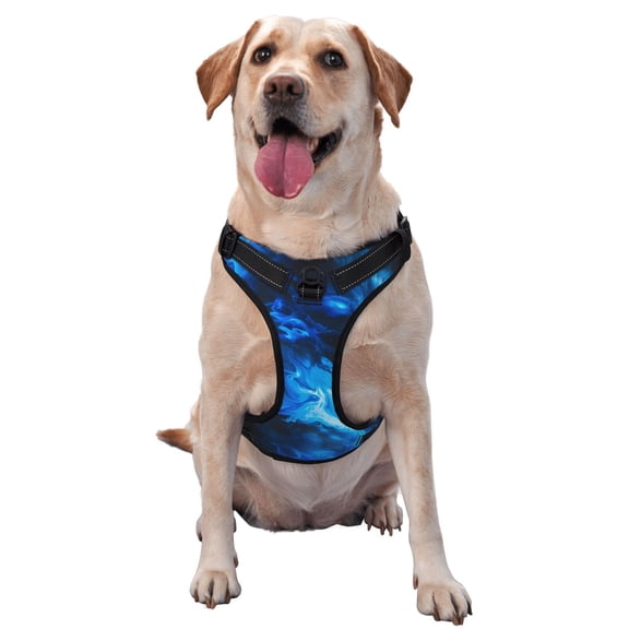 Vsdgher Blue Fire Cool Wolf Pattern Dog Harness,No Pull Pet Harness with Soft Padded Handle,Adjustable Reflective Vest with 2 Buckles,4 Slide Buckles,S-XL Large