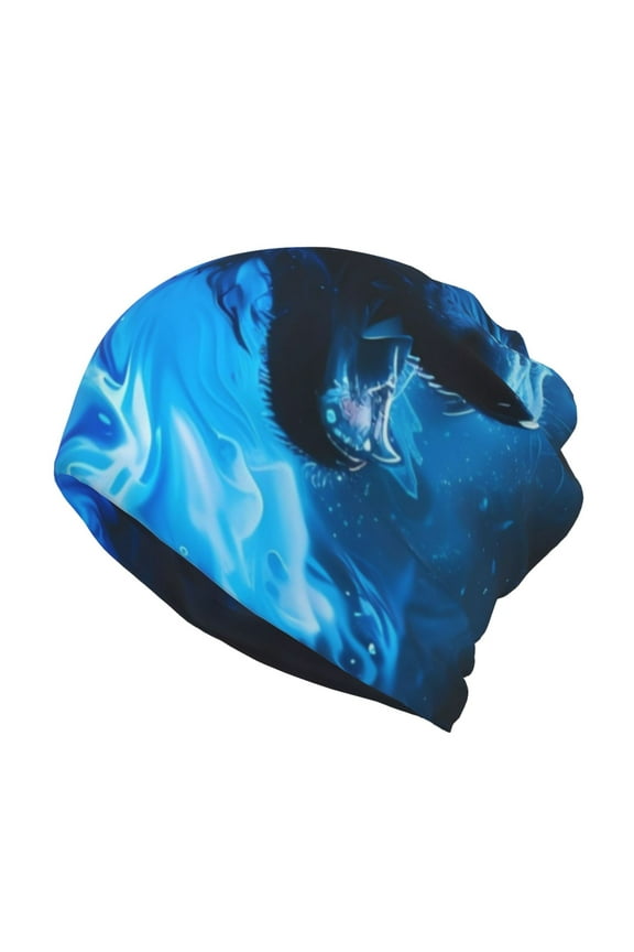 Blue Fire Cool Wolf Slouchy Beanie Hat for Men/Women, Skull Cap Chemo Cap Night Sleeping Cap
