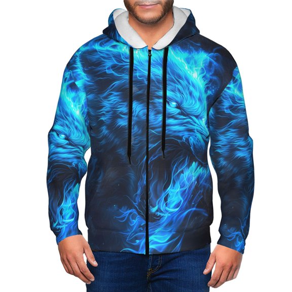 Vsdgher Blue Fire Wolf Mens Hoodies Zip Hoodie, Hoodies for Men, Zip-up Hooded Sweatshirt-Large