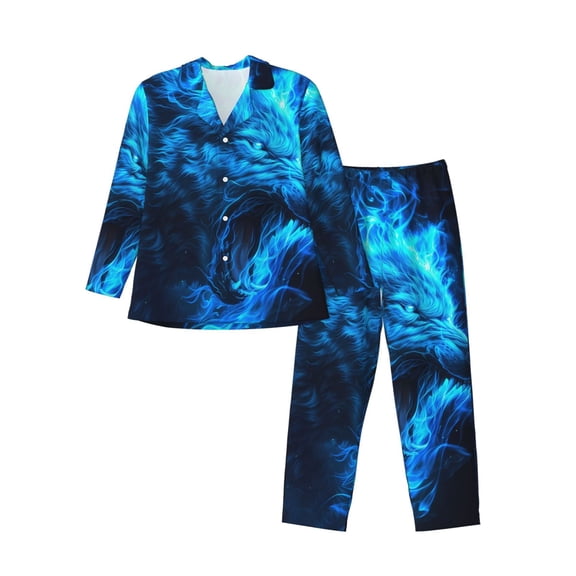 Vsdgher Blue Fire Wolf Mens Pajama Set, Soft Warm Long Sleeve Sleepwear, Cozy Button-Down Pjs for Men-Small