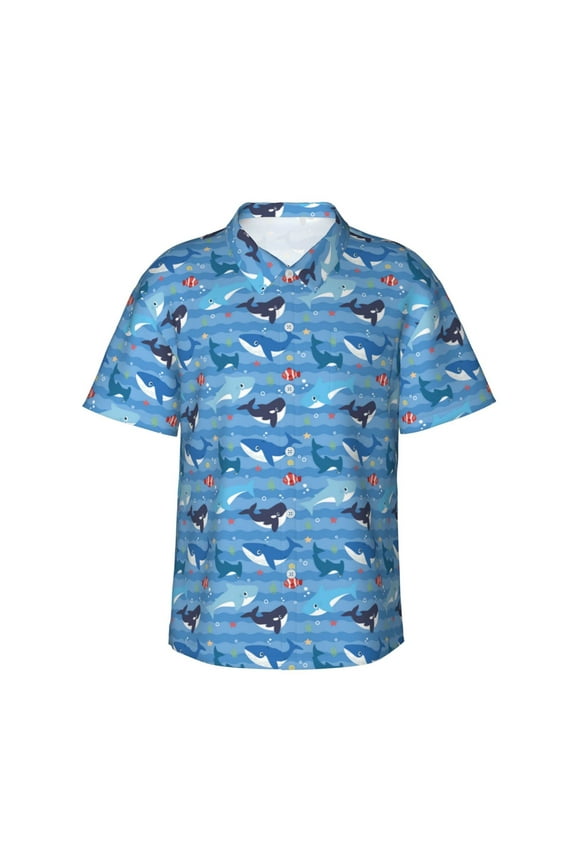 Blue Fish Print Men's Hawaiian Shirts Button Down Tropical Holiday Beach Shirts Vacation Clothes,Medium