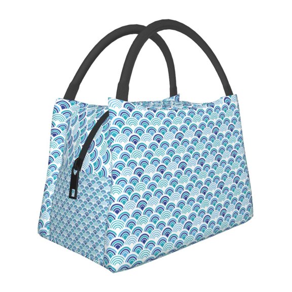 Vsdgher Blue Fish Scale Texture Print Insulated Reusable Bags with Sturdy Zipper and Handles, Foldable Totes for Hot or Cold Food Bring or Delivery