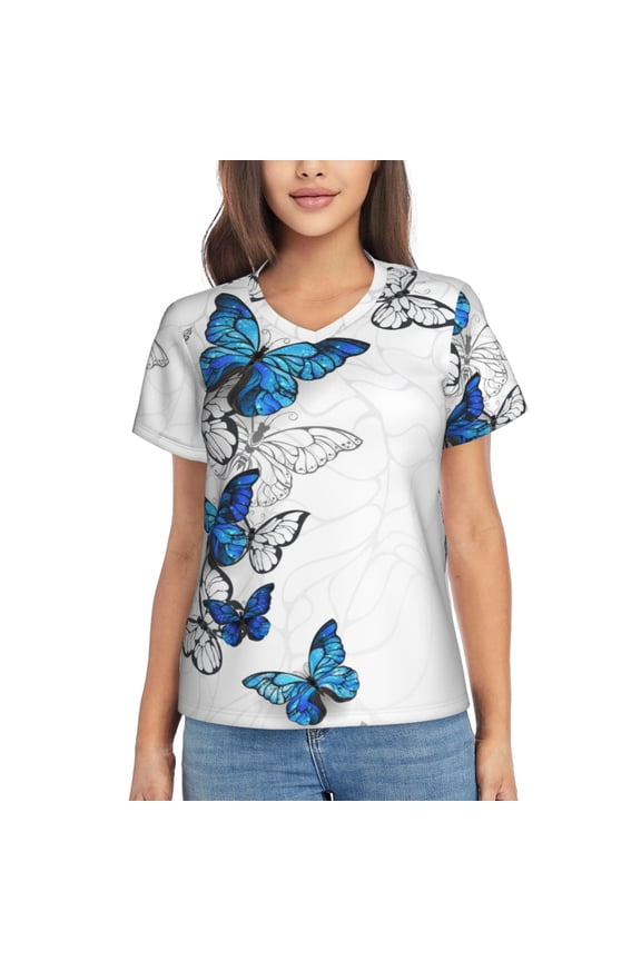 Blue Flying Butterflies Women Shirts V Neck Short Sleeve Tops T-Shirt Basic Tees, S to 3XLXX-Large