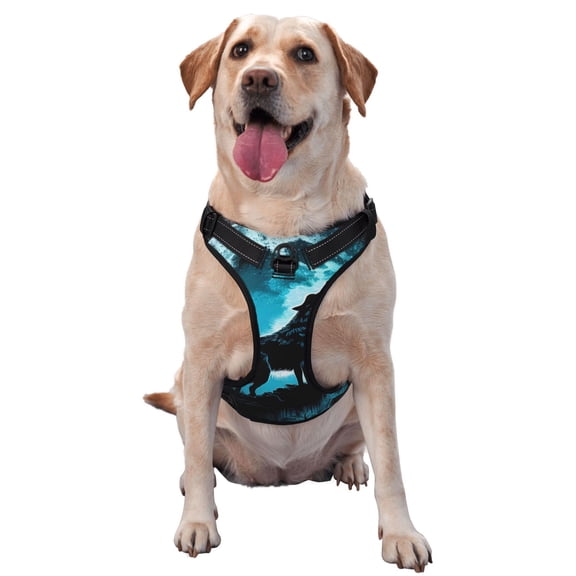 Vsdgher Blue Full Moon Wolf Pattern Dog Harness,No Pull Pet Harness with Soft Padded Handle,Adjustable Reflective Vest with 2 Buckles,4 Slide Buckles,S-XL