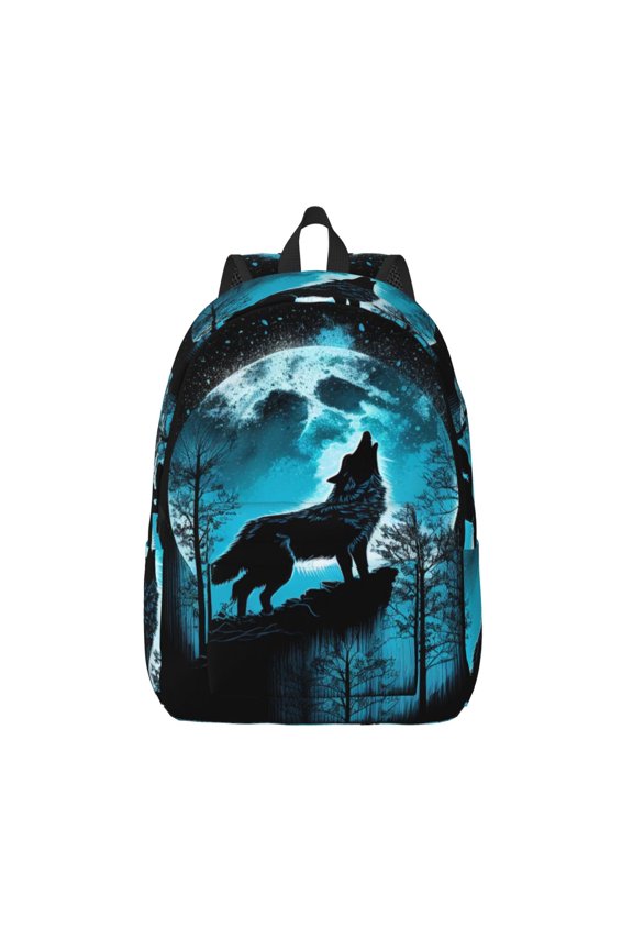 Blue Full Moon Wolf Print Canvas Backpack Travel Rucksack Unisex Knapsack 15.7/17.7Inch Laptop Backpack for Work,College -Small