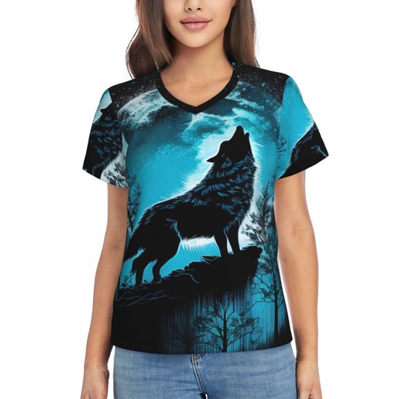 Vsdgher Blue Full Moon Wolf Women Shirts V Neck Short Sleeve Tops T-Shirt Basic Tees, S to 3XLSmall