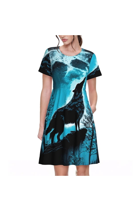 Blue Full Moon Wolf for Womens Summer 2025 Casual Midi Maxi Dresses Lightweight Short Sleeve Round Neck Beach Dress -Small