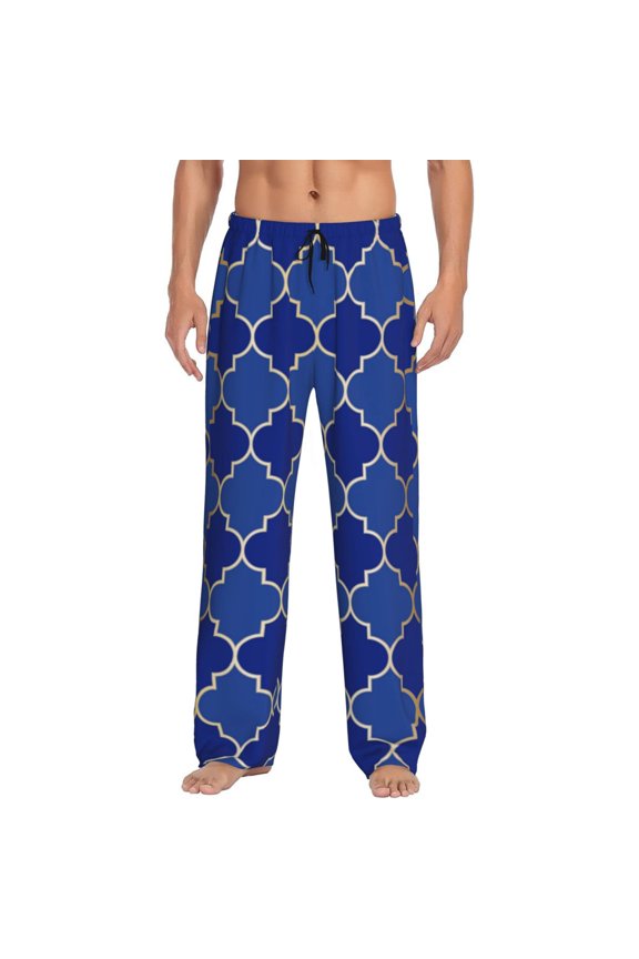Blue Gold Grid Lantern Shapes Print Mens Pajama Pants Sleep & Lounge Pants, PJ Bottoms With elastic waistb and Pockets