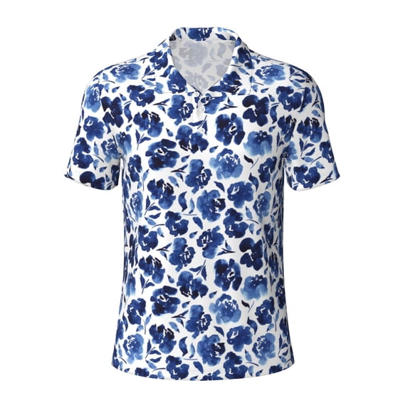 Vsdgher Blue Ink Flowers Print Men's Short Sleeve Stretch Polo Shirt, Moisture-Wicking Performance Polo Shirt