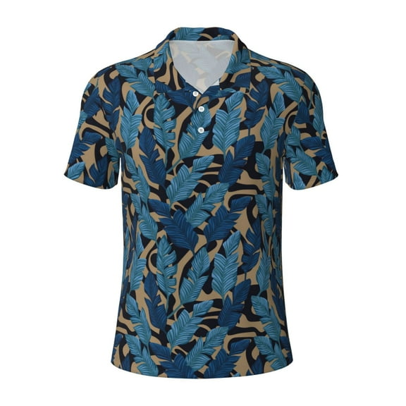 Vsdgher Blue Leaves A Print Men's Short Sleeve Stretch Polo Shirt, Moisture-Wicking Performance Polo Shirt
