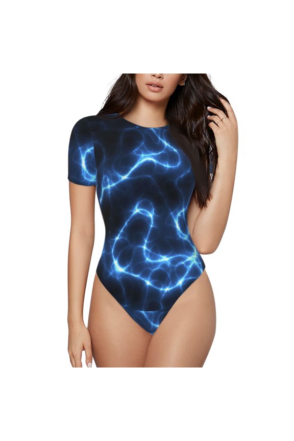 Blue Lightning Prinr Short Sleeve Body suit for Womens, Sexy Onesie One Piece Round Neck Bodysuit Shapewear Tummy Control-Large