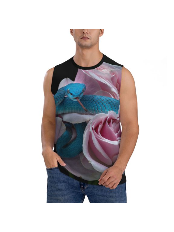 Blue Lipped Pit Viper And Three Pink Roses Print Workout Tank Tops Gym Sleeveless Fitness Muscle Tee -Large