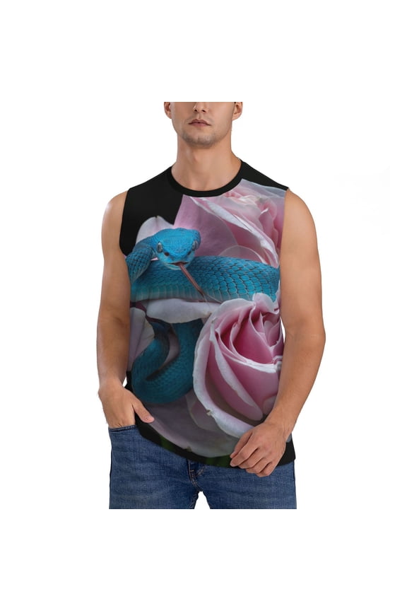 Blue Lipped Pit Viper And Three Pink Roses Print Workout Tank Tops Gym Sleeveless Fitness Muscle Tee -X-Large