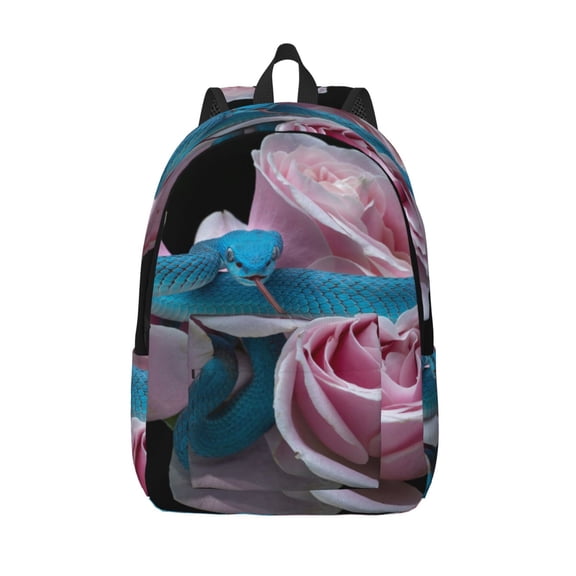 Vsdgher Blue Lipped Pit Viper And Three Pink Roses Print Canvas Backpack Travel Rucksack Unisex Knapsack 15.7/17.7Inch Laptop Backpack for Work,College -Medium