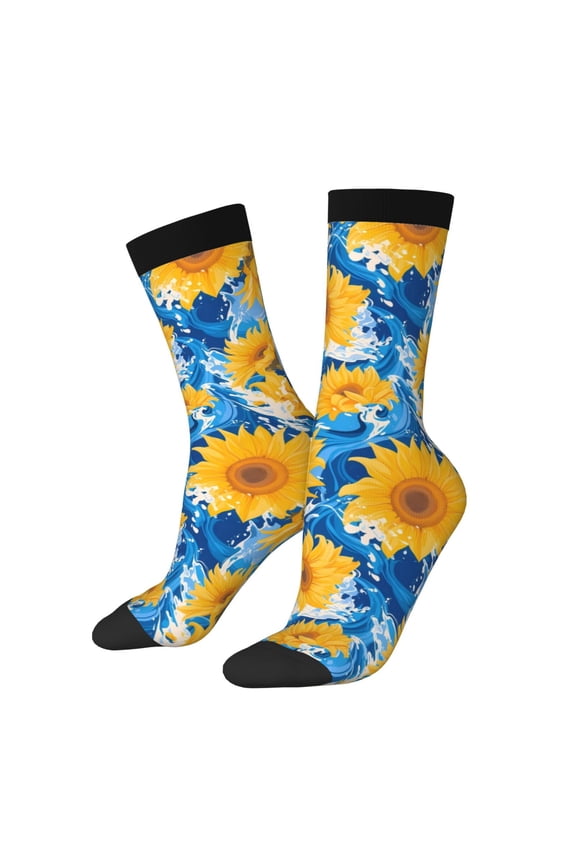 Blue Ocean Wave Sunflower Crew Socks for Men & Women, Breathable Casual Athletic Ankle Socks