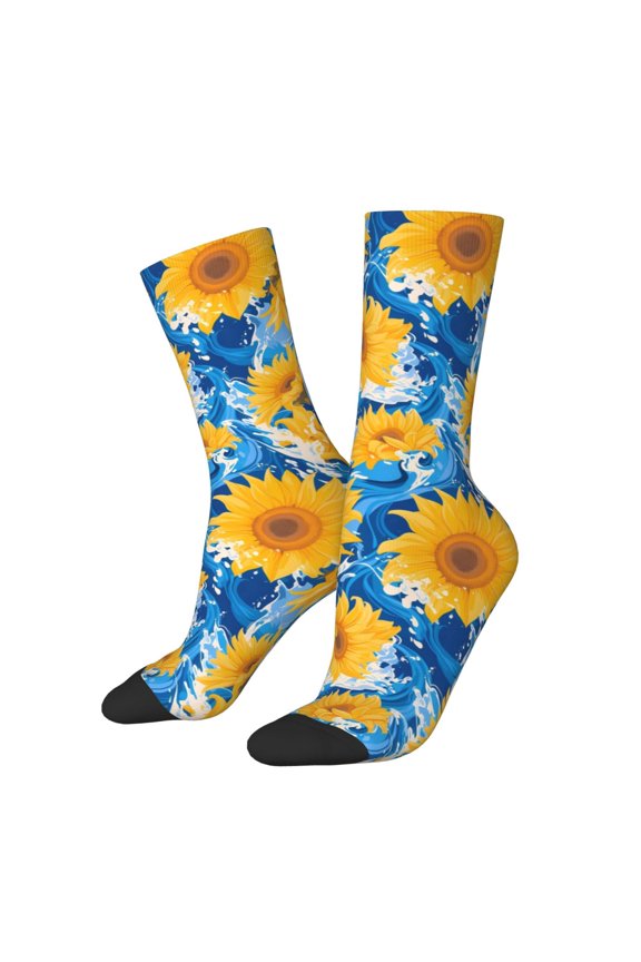 Blue Ocean Wave Sunflower Crew Socks for Men & Women, Breathable Casual Athletic Ankle Socks
