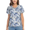 thumbnail image 1 of Vsdgher Blue Paisley Women Shirts V Neck Short Sleeve Tops T-Shirt Basic Tees, S to 3XLSmall, 1 of 5