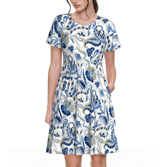 Vsdgher Blue Paisley for Womens Summer 2025 Casual Midi Maxi Dresses Lightweight Short Sleeve Round Neck Beach Dress -Large