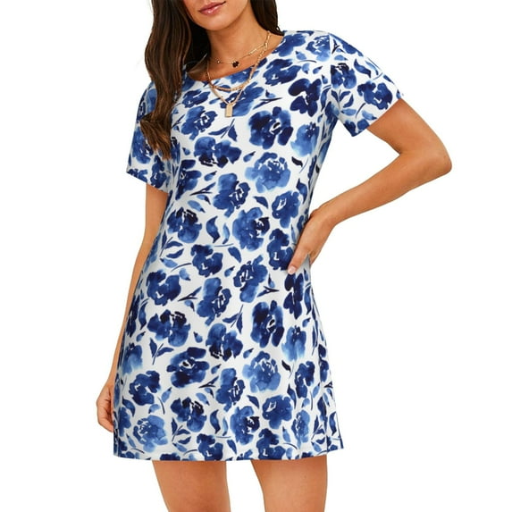 Vsdgher Blue Roses Pattern Womens Short Sleeve Sleepshirt Scoopneck Cute Nightdress Ruffle Comfy Nightgown