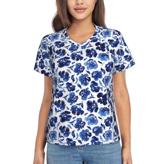 Vsdgher Blue Roses Women Shirts V Neck Short Sleeve Tops T-Shirt Basic Tees, S to 3XLMedium