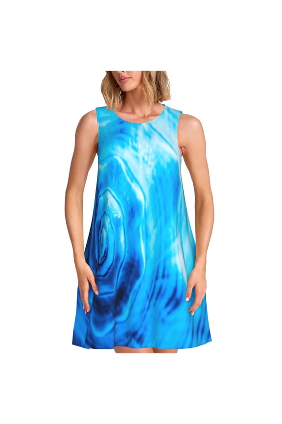 Blue Shell Print Summer Dresses for Women Casual U Neck Beach Dress Sleeveless Tank Loose Sundress with Pocket -Small