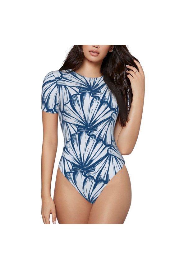 Blue Shells Prinr Short Sleeve Body suit for Womens, Sexy Onesie One Piece Round Neck Bodysuit Shapewear Tummy Control-Medium
