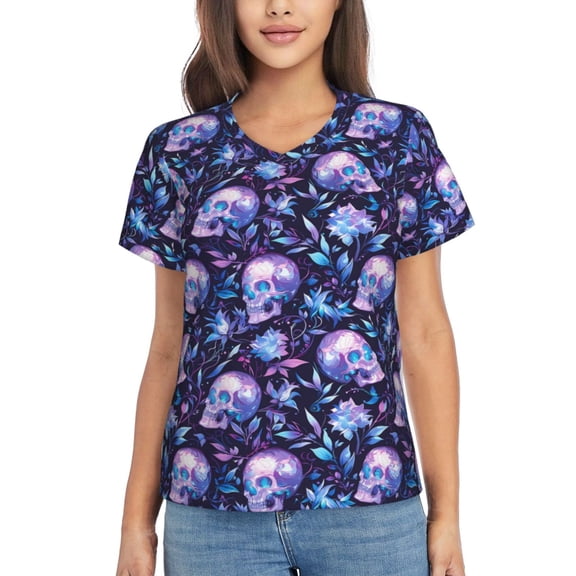 Vsdgher Blue Skull Crystal Women Shirts V Neck Short Sleeve Tops T-Shirt Basic Tees, S to 3XLMedium