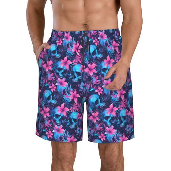 Vsdgher Blue Skull Flower Men's Beach Shorts, Surfing shorts, Swim trunks, Quick Dry Swim Trunks for Surfing Beach Fun -Large