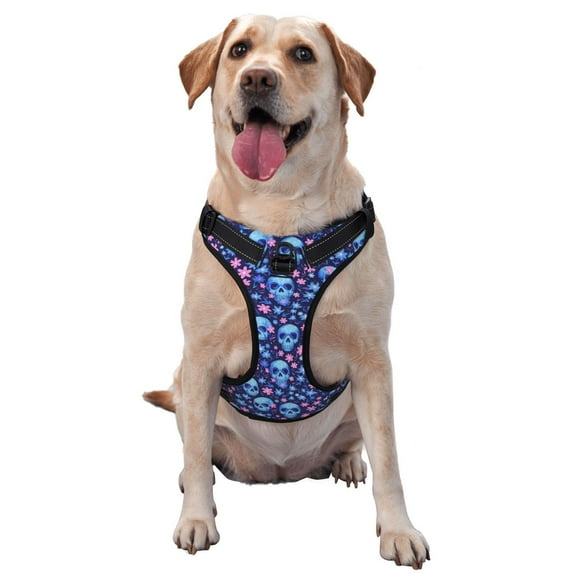 Vsdgher Blue Skull Flower Pattern Dog Harness,No Pull Pet Harness with Soft Padded Handle,Adjustable Reflective Vest with 2 Buckles,4 Slide Buckles,S-XL Medium
