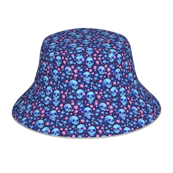 Vsdgher Blue Skull Flower Print Bucket Hat for Men&Women Bucket Hat Reversible Summer Double-Side-Wear Travel Gardening, Beach, Camping, Hiking, Fishing Cap