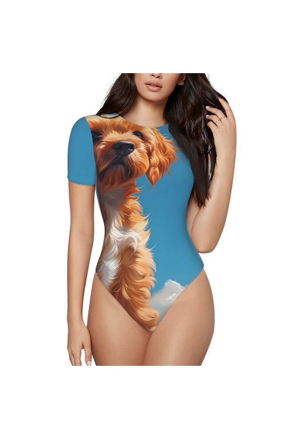 Blue Sky Cloud Puppy Prinr Short Sleeve Body suit for Womens, Sexy Onesie One Piece Round Neck Bodysuit Shapewear Tummy Control-X-Large