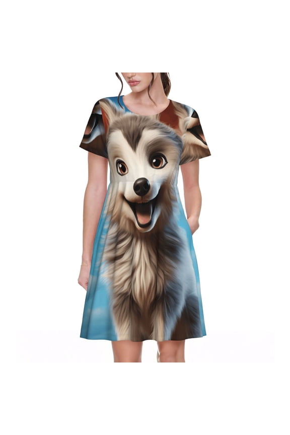 Blue Sky Cute Wolf for Womens Summer 2025 Casual Midi Maxi Dresses Lightweight Short Sleeve Round Neck Beach Dress -Large
