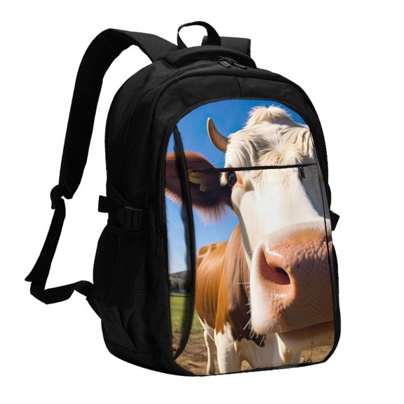 Vsdgher Blue Sky Meadow Cute Cow Print Travel Laptop Backpack, Laptops Backpack with USB Charging Port, Water Resistant Computer Bag Gift for Men & Women