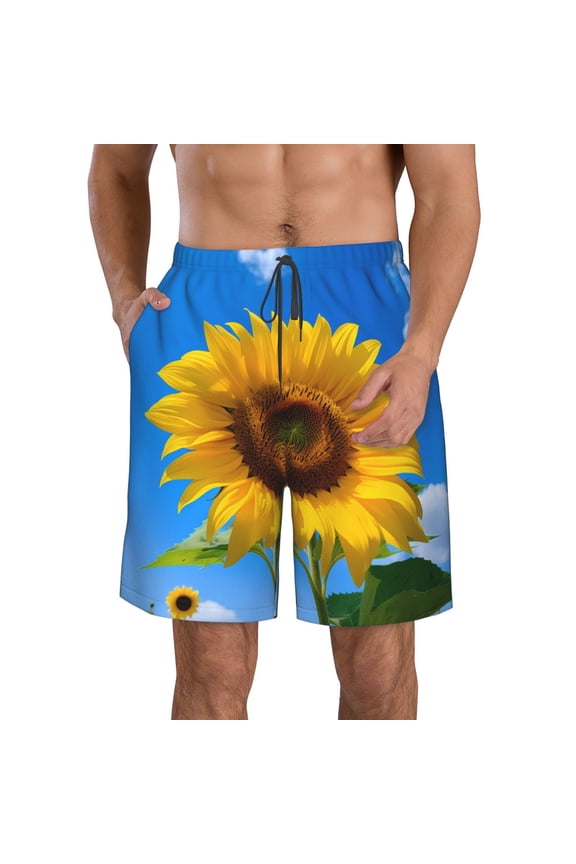 Blue Sky Sunflower Men's Beach Shorts, Surfing shorts, Swim trunks, Quick Dry Swim Trunks for Surfing Beach Fun -Small