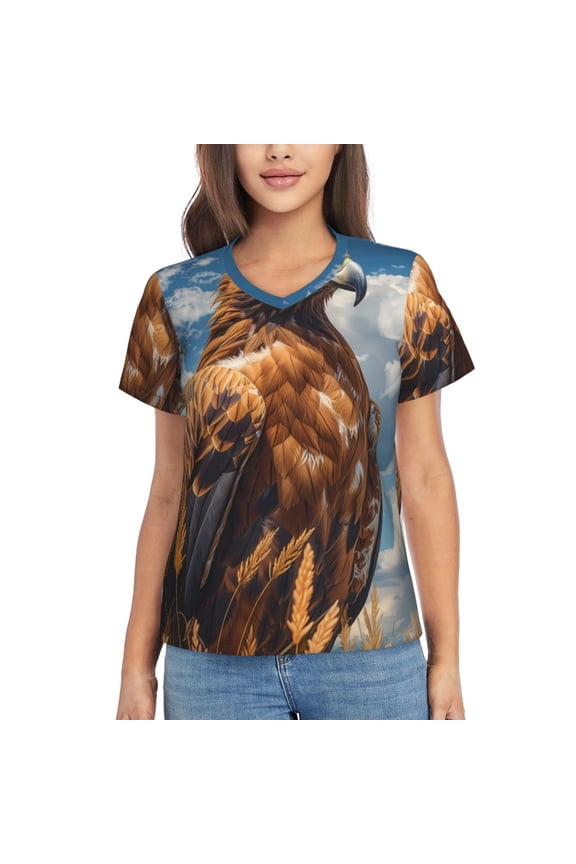 Blue Sky White Cloud Eagle Women Shirts V Neck Short Sleeve Tops T-Shirt Basic Tees, S to 3XLXX-Large