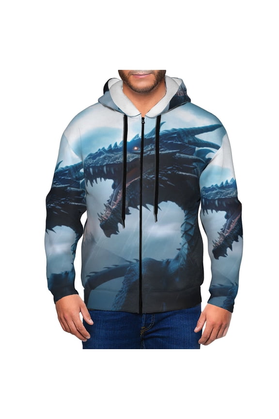 Blue Thunder Storm Dragon Mens Hoodies Zip Hoodie, Hoodies for Men, Zip-up Hooded Sweatshirt-Small