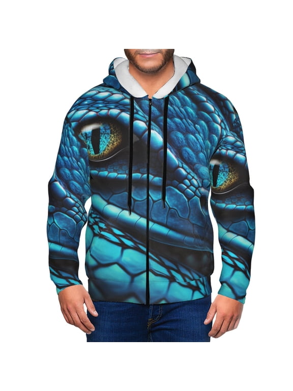 Blue Viper Snake Closeup Face Mens Hoodies Zip Hoodie, Hoodies for Men, Zip-up Hooded Sweatshirt-Small