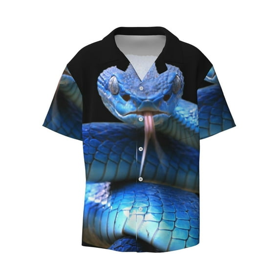 Vsdgher Blue Viper Snake Print Men's Wrinkle Free Untucked Cuban Shirt Business Casual Button Down Shirts Short Sleeve Shirt