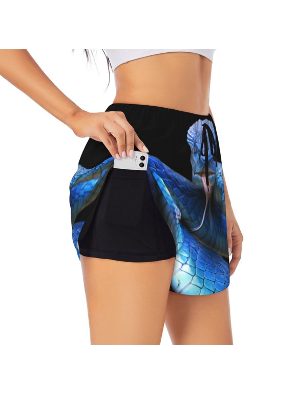 Blue Viper Snake Print Women's Running Double Layer Shorts High Waisted with Pockets Elastic Yoga Workout Athletic Gym Sports